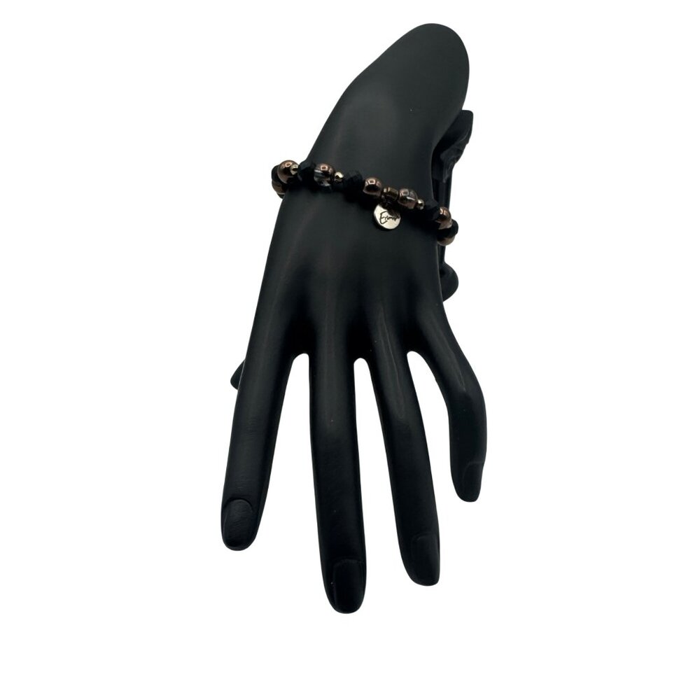 Black & Bronze Beaded Stretch Bracelet With Metal Enough Charm